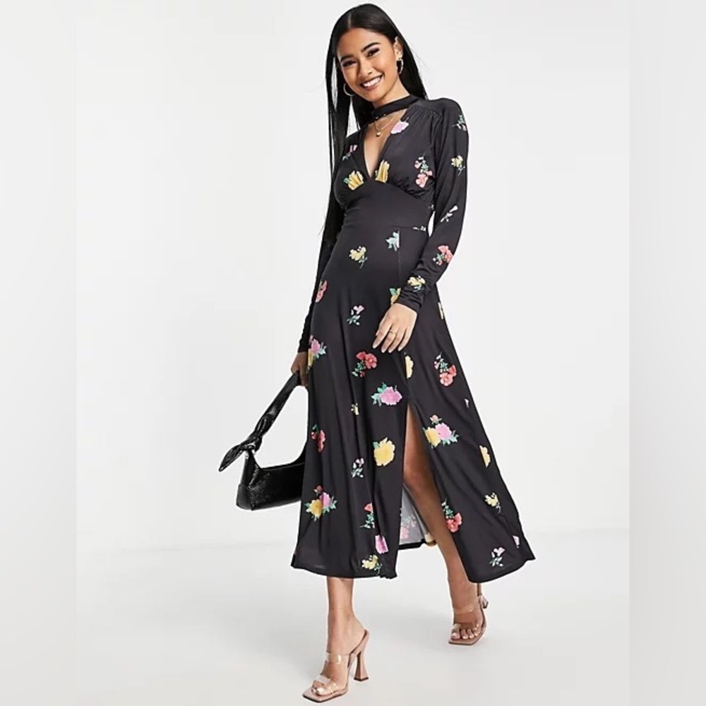 NWT Asos Design Maxi Dress Black Floral Size 4